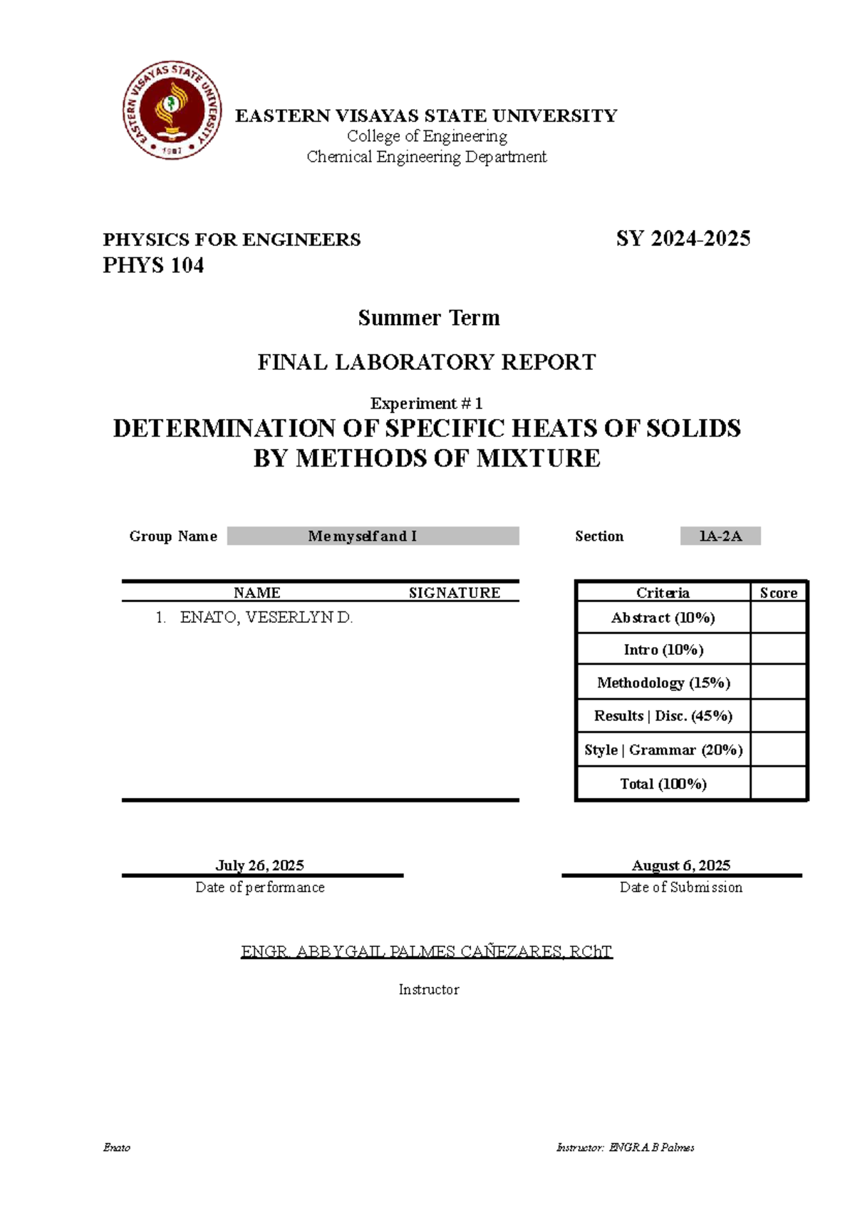 PHYS104 AY ChE 1A Final Lab Report: Specific Heats of Solids - Studocu