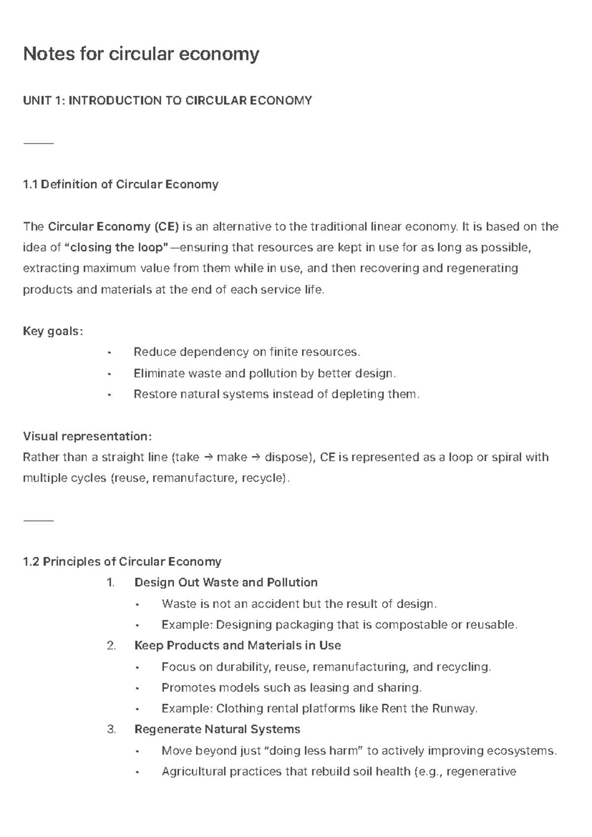 Circular Economy Notes: Unit 1 - Introduction & Key Principles - Studocu