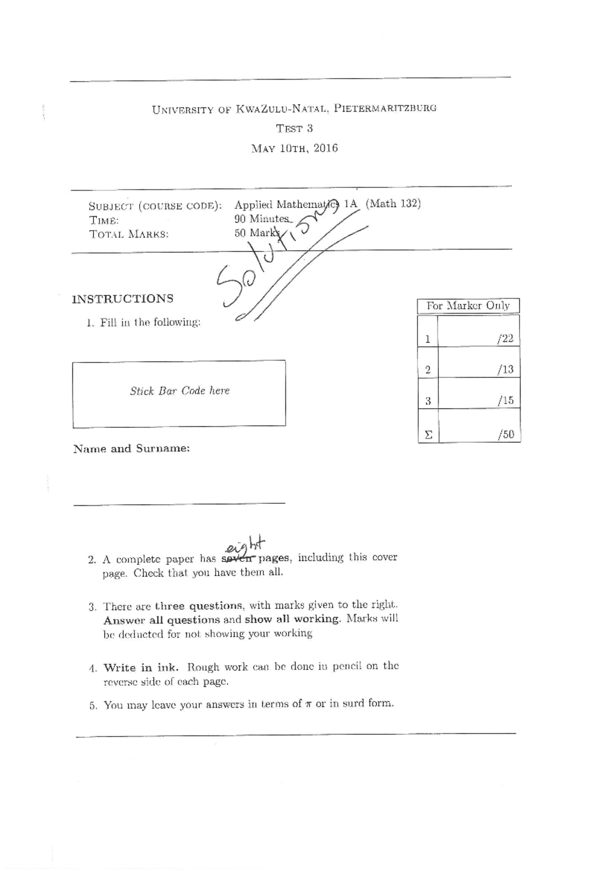 Applied Mathematics 1A (Math 132) Test 3 Solutions - May 2016 - Studocu