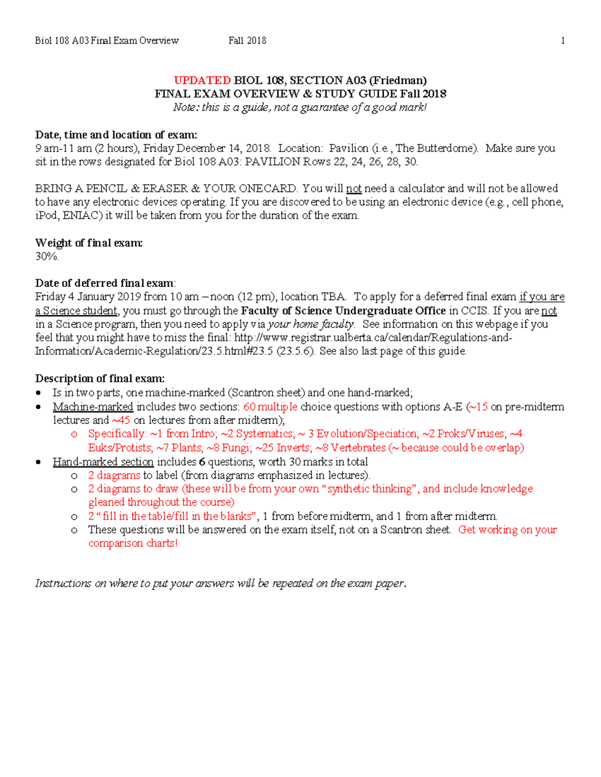 Updated Final exam overview and study guide Biol 108 A03 Friedman 2018 ...