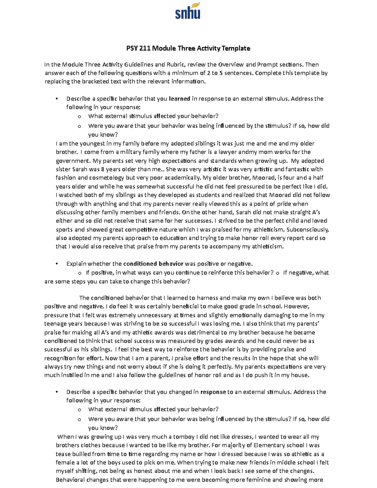 PSY 211 Module 3 Journal activity - l PSY 211 Module Three Activity ...