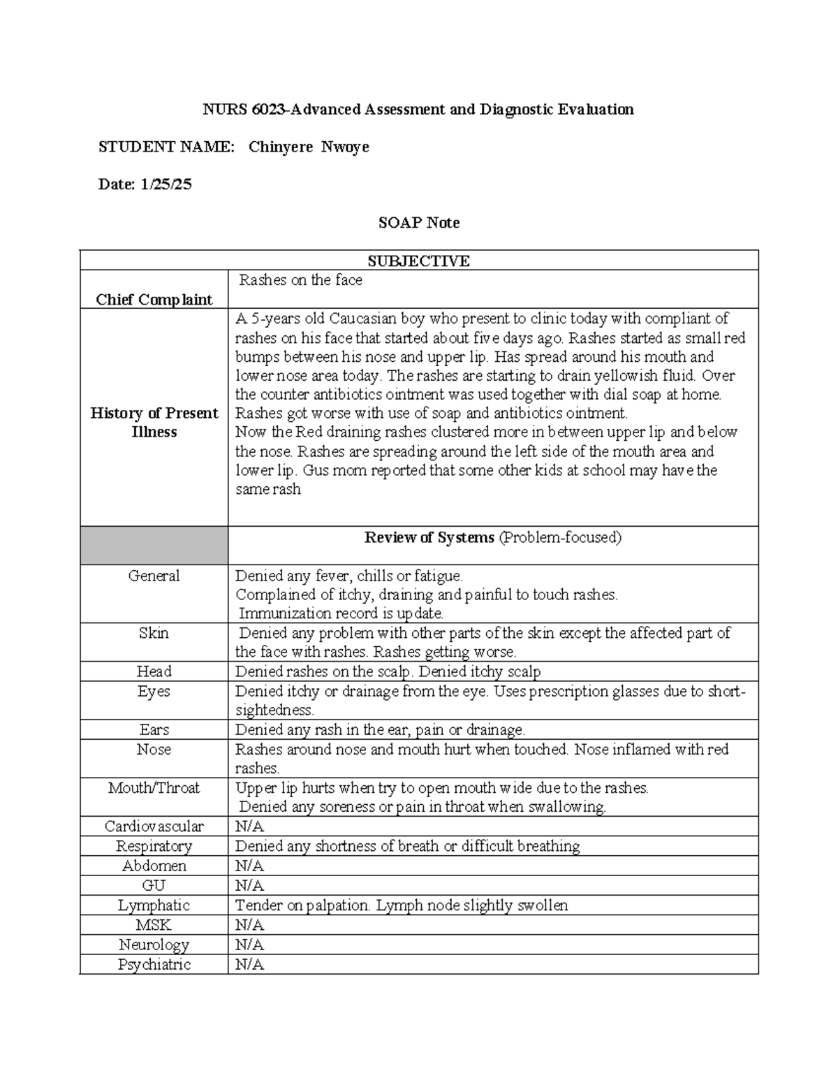 NURS 101 SOAP Note: Assessment & Diagnostic Evaluation of Facial Rashes ...