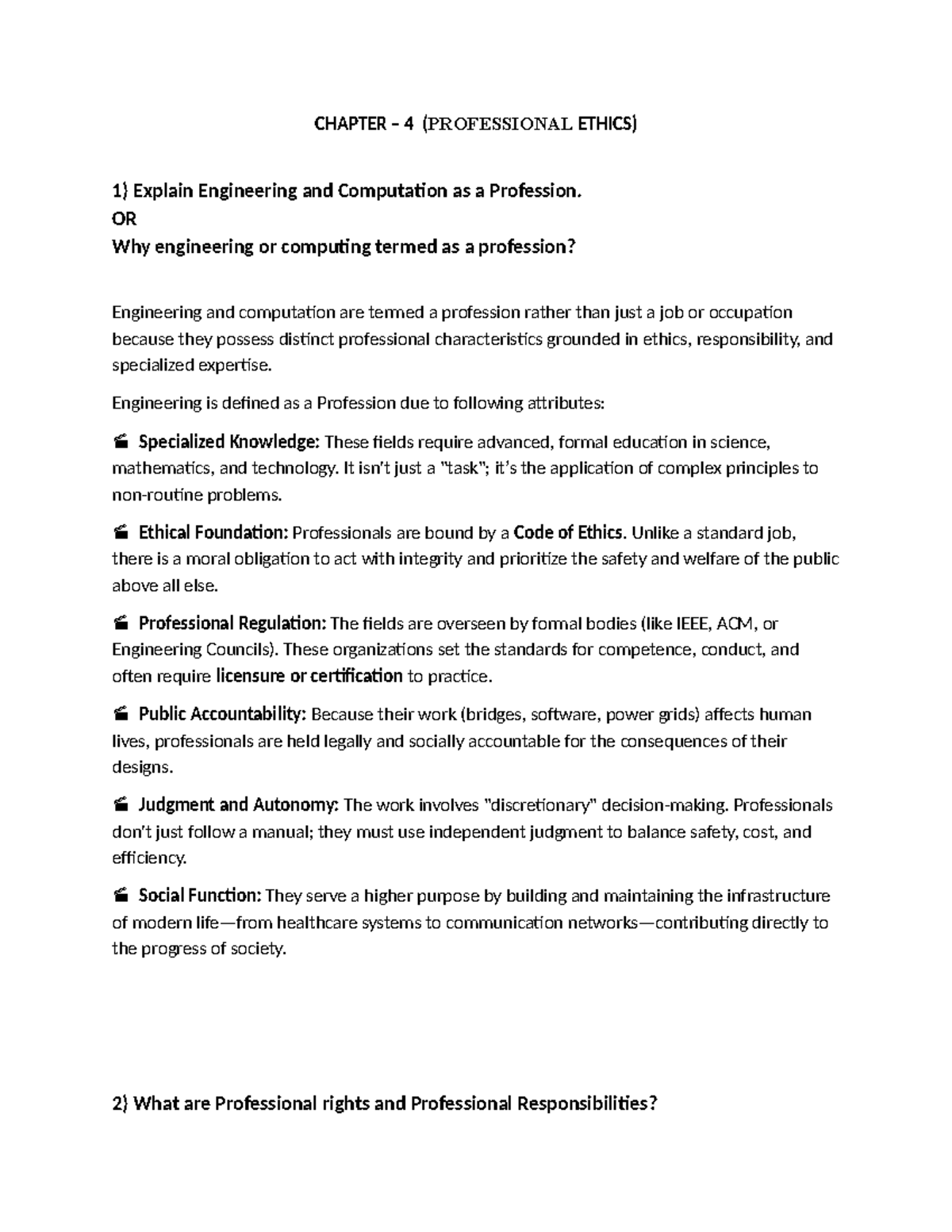 Chapter 4 Study Notes: Professional Ethics in Engineering (SPIT 2 ...