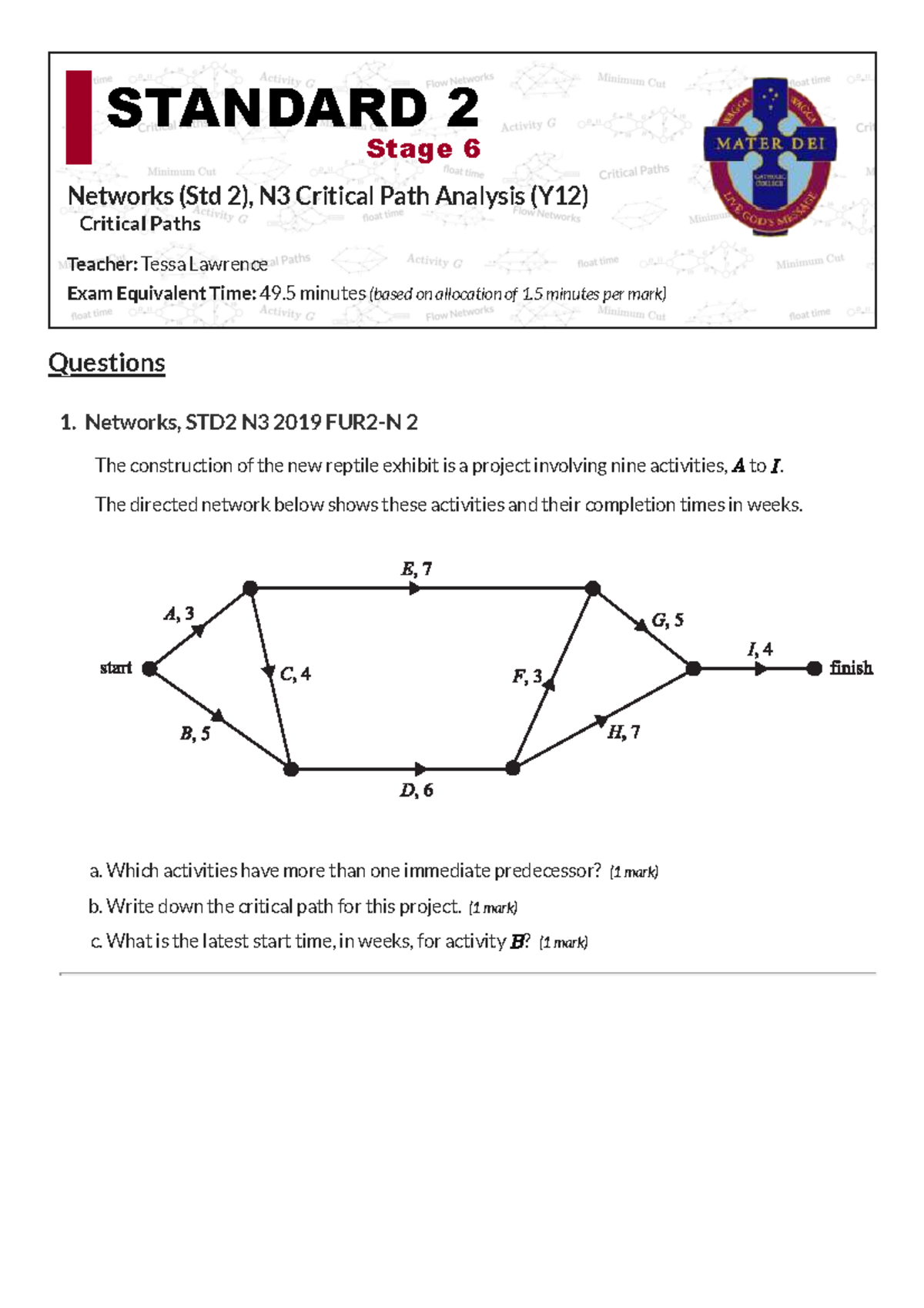 HSC Networks STD2 N3 Critical Path Analysis Exam Questions - Studocu