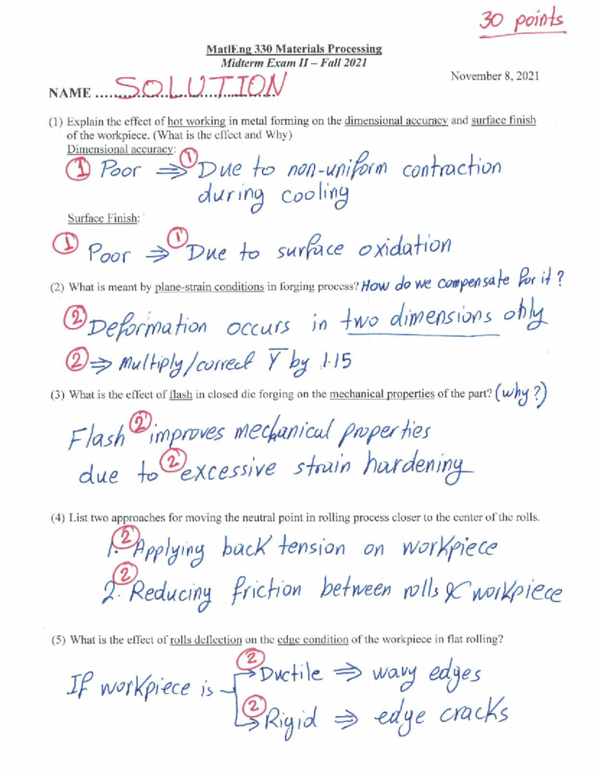 MatlEng 330 Midterm Exam II Solutions - Materials Processing Fall 2021 ...