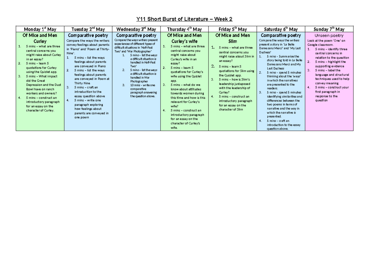 Y11 short burst of literature week 2 - Y11 Short Burst of Literature ...