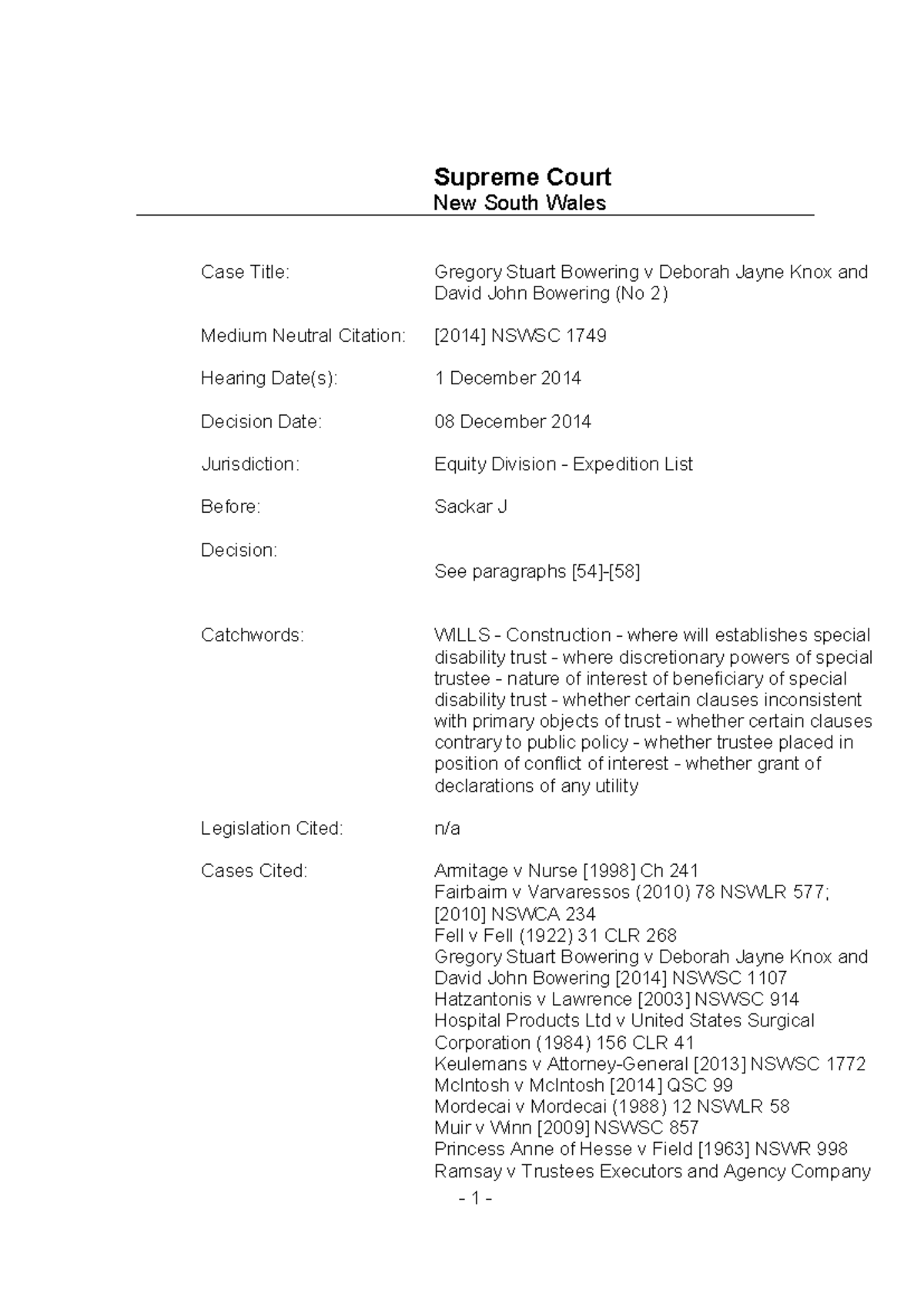 Bowering v Knox (No 2) [2014] NSWSC 1749: Judgment on Will Construction ...