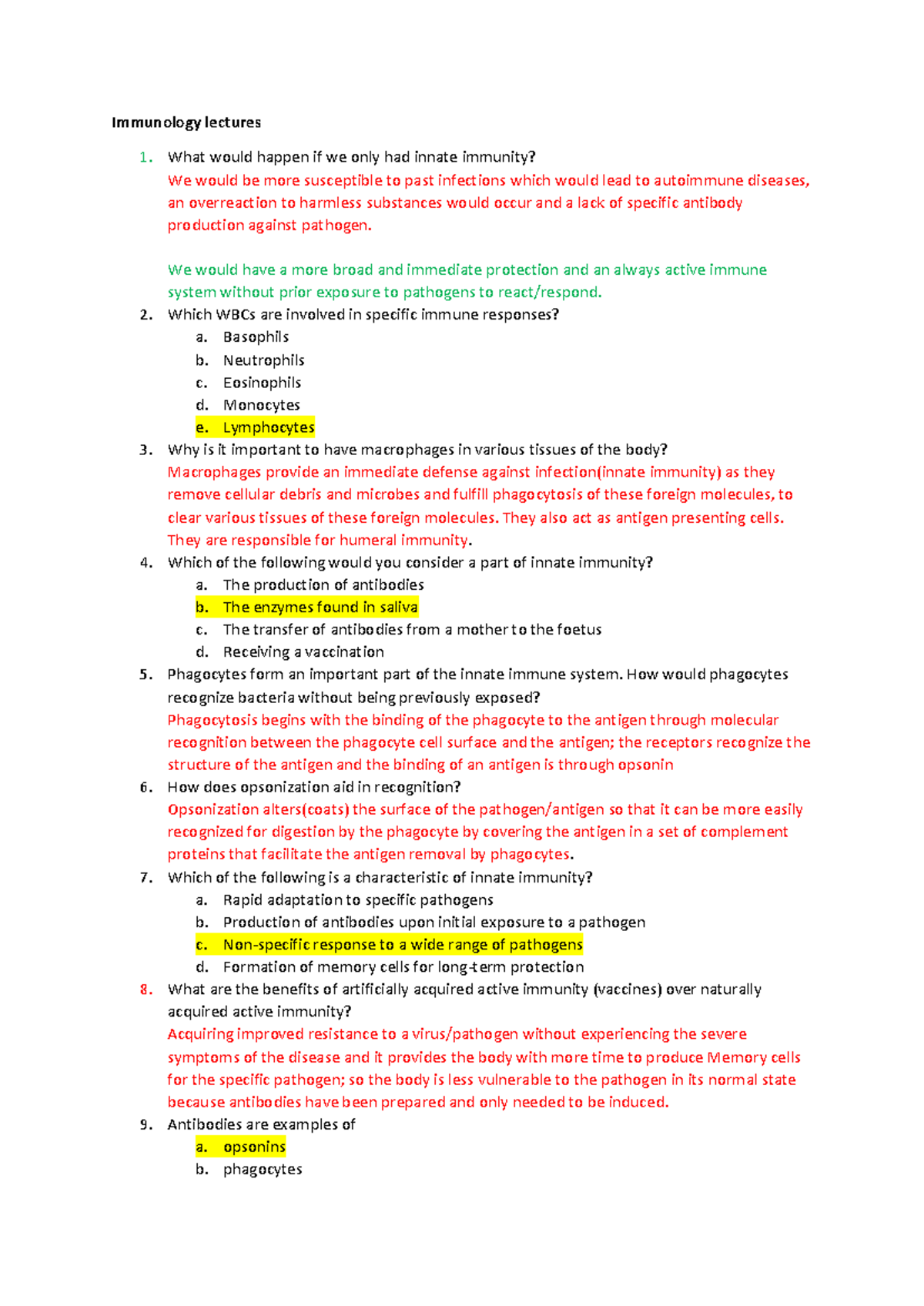 Immunology Lecture Notes: Practice Questions and Key Concepts - Studocu