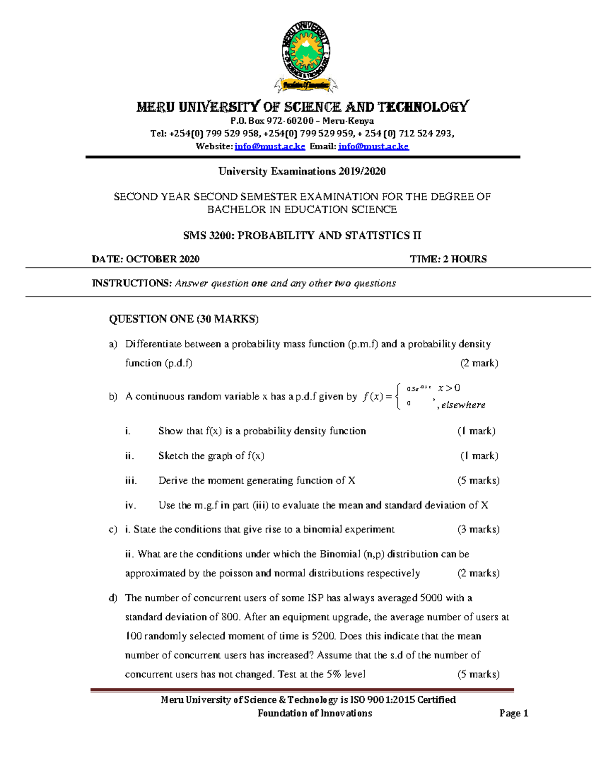 SMS 3200: Probability and Statistics II Exam Notes - October 2020 - Studocu