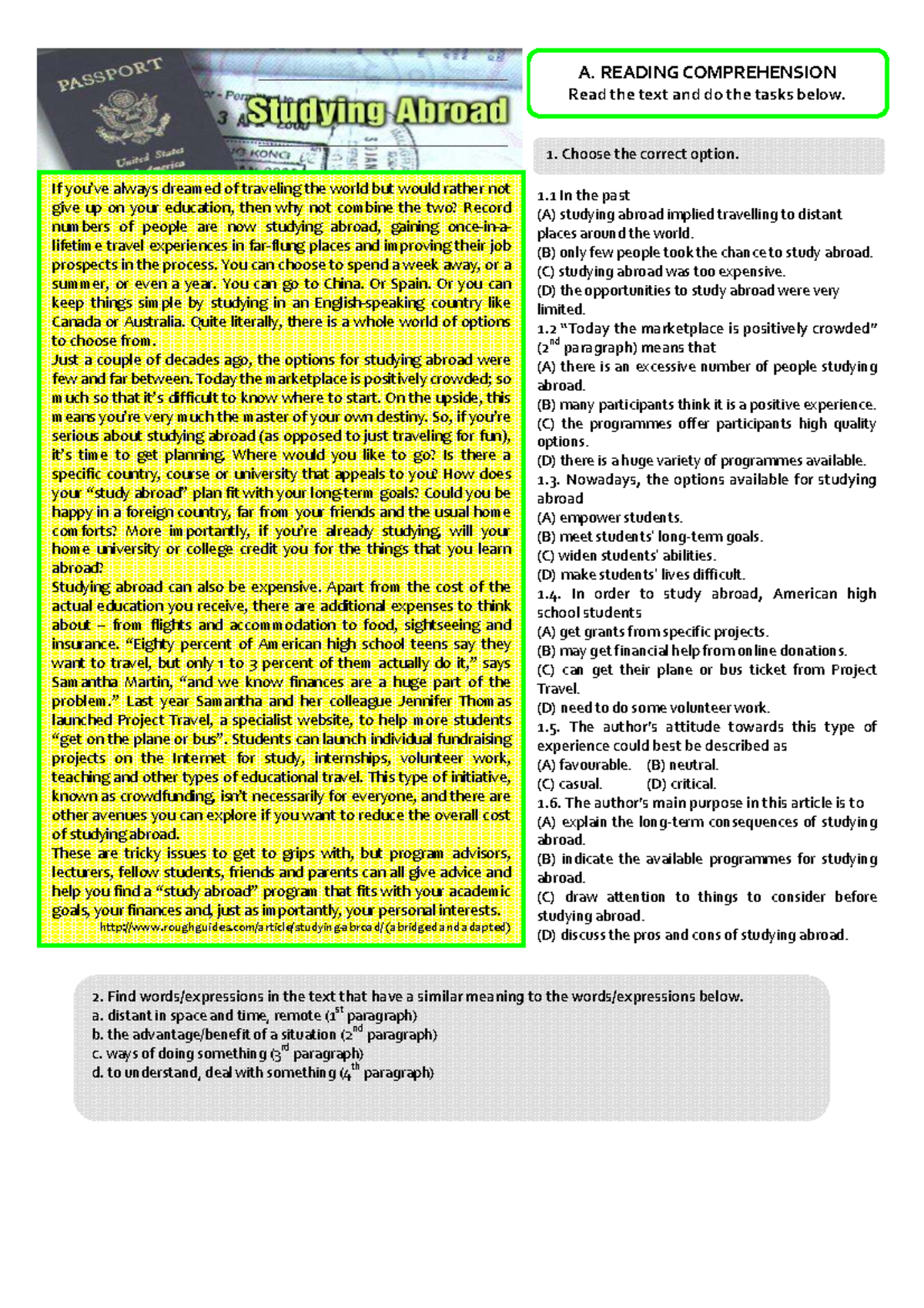Studying Abroad: Reading Comprehension Practice and Tasks - Studocu