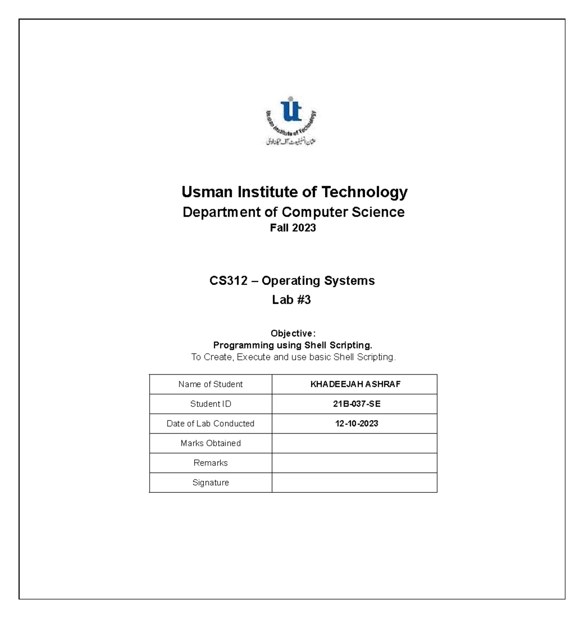 OS LAB 6 - LAB 6 exercise - Usman Institute of Technology Department of ...