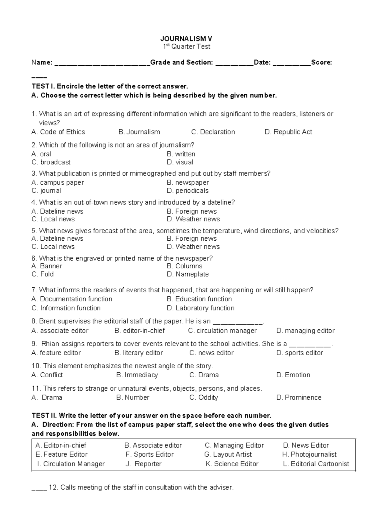 PT-Journalism 5 - Periodic Test on Journalism Concepts and Practices ...