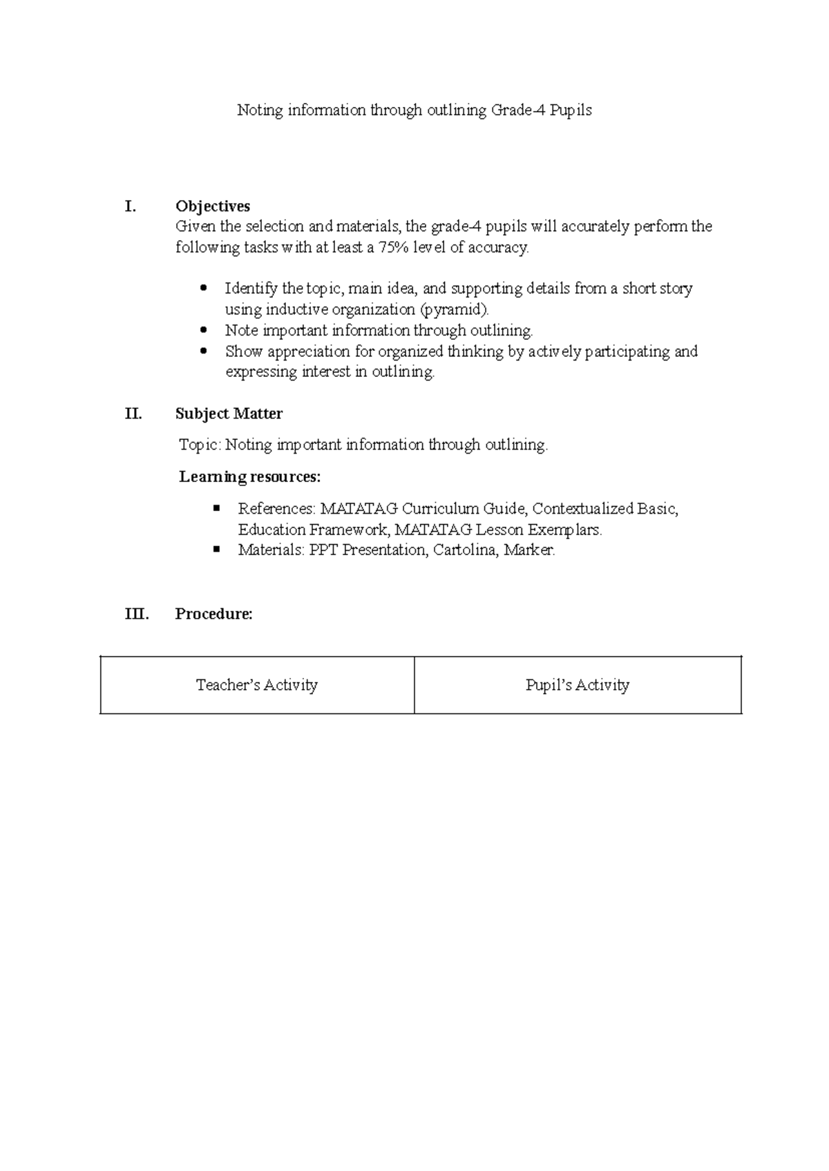 Noting Important Information Through Outlining - Grade 5 Lesson - Studocu