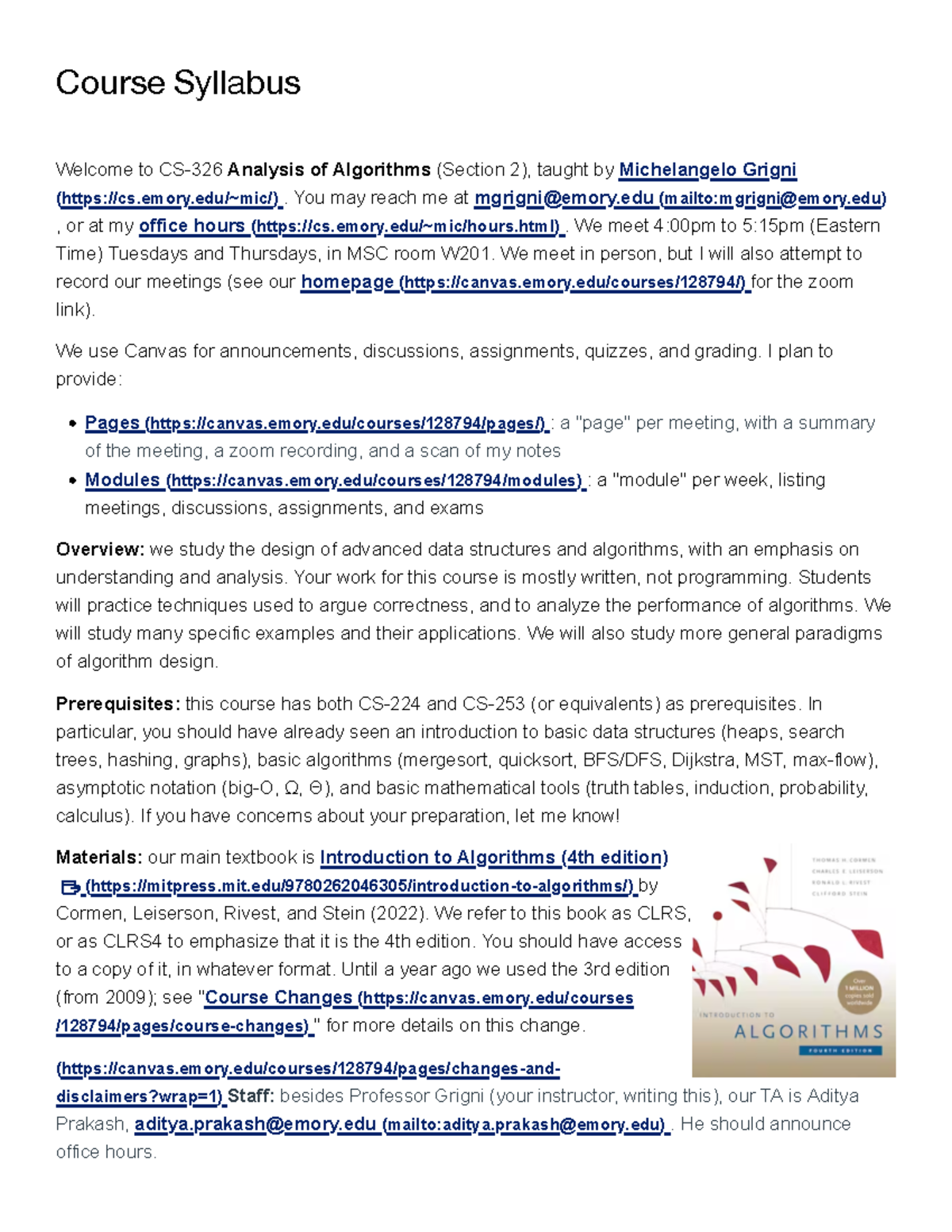 Course Syllabus for CS326: Analysis of Algorithms (Spring 2024) - Studocu