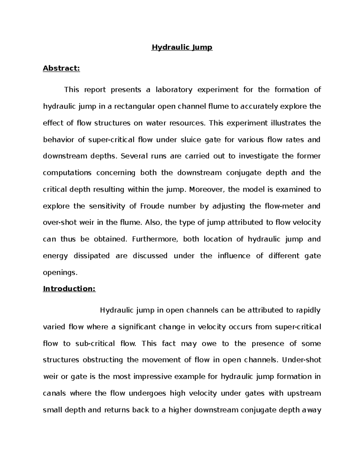 Hydraulic Jump in Open Channels: Analysis and Experiments - Studocu