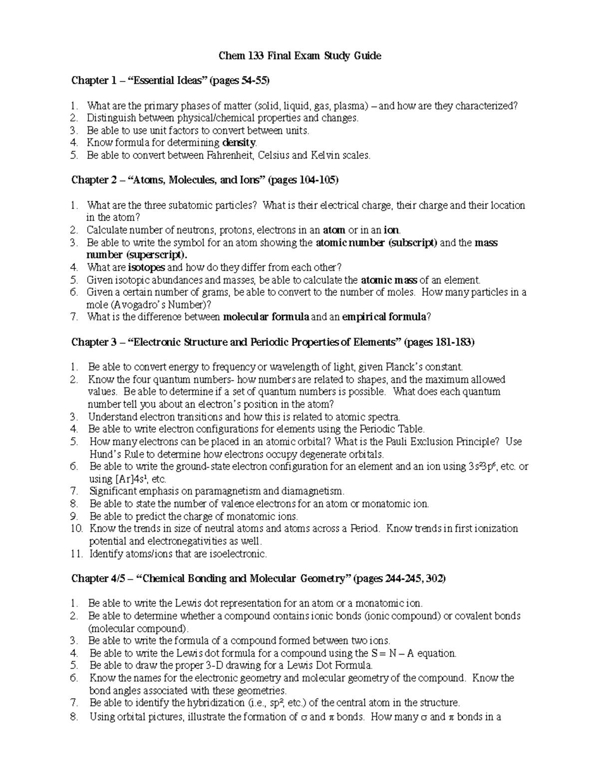 Chem 133 Final Exam Review Guide for General Chemistry Concepts - Studocu