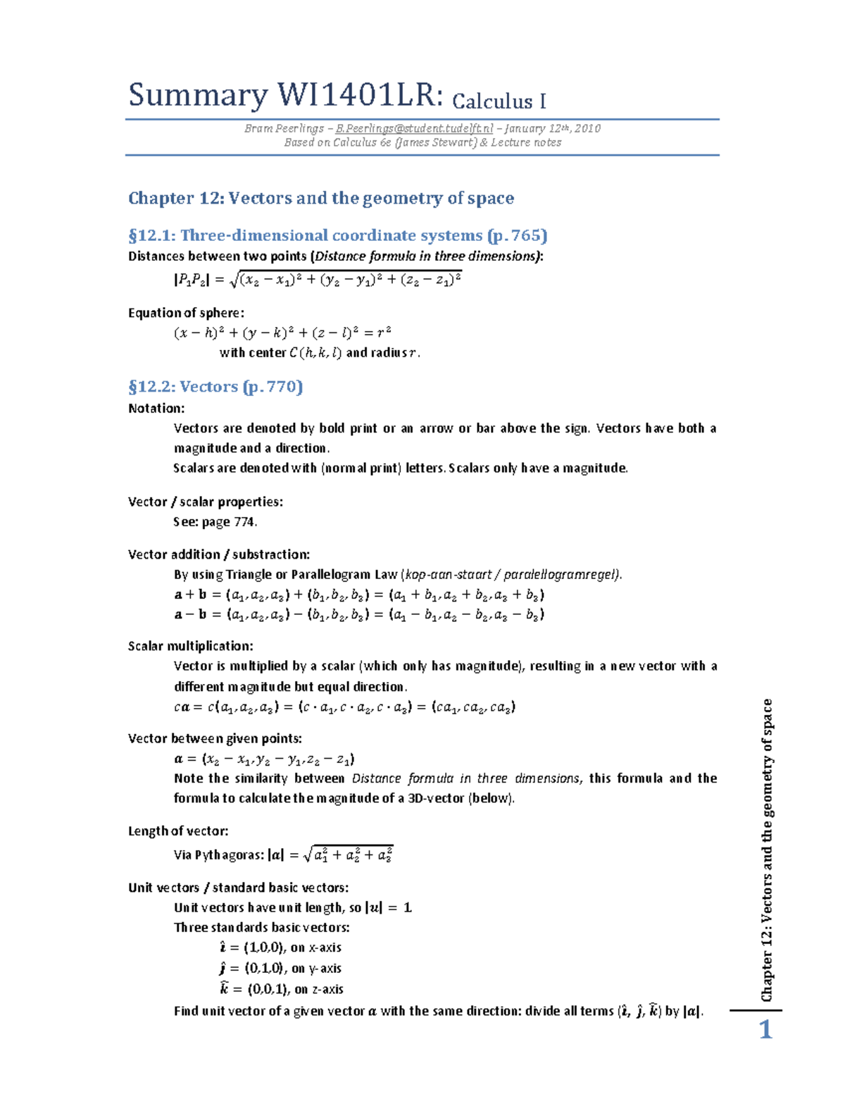 WI1401LR: Calculus I - Summary of Lectures on Vectors and Geometry ...
