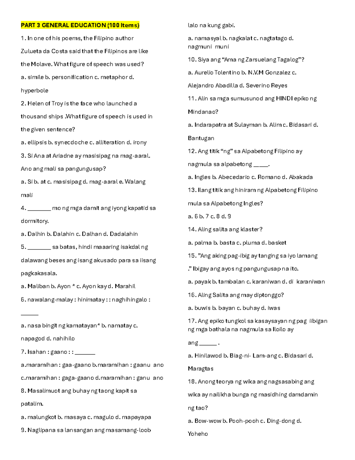 PART 3 General Education Practice Questions (100 Items) - Studocu