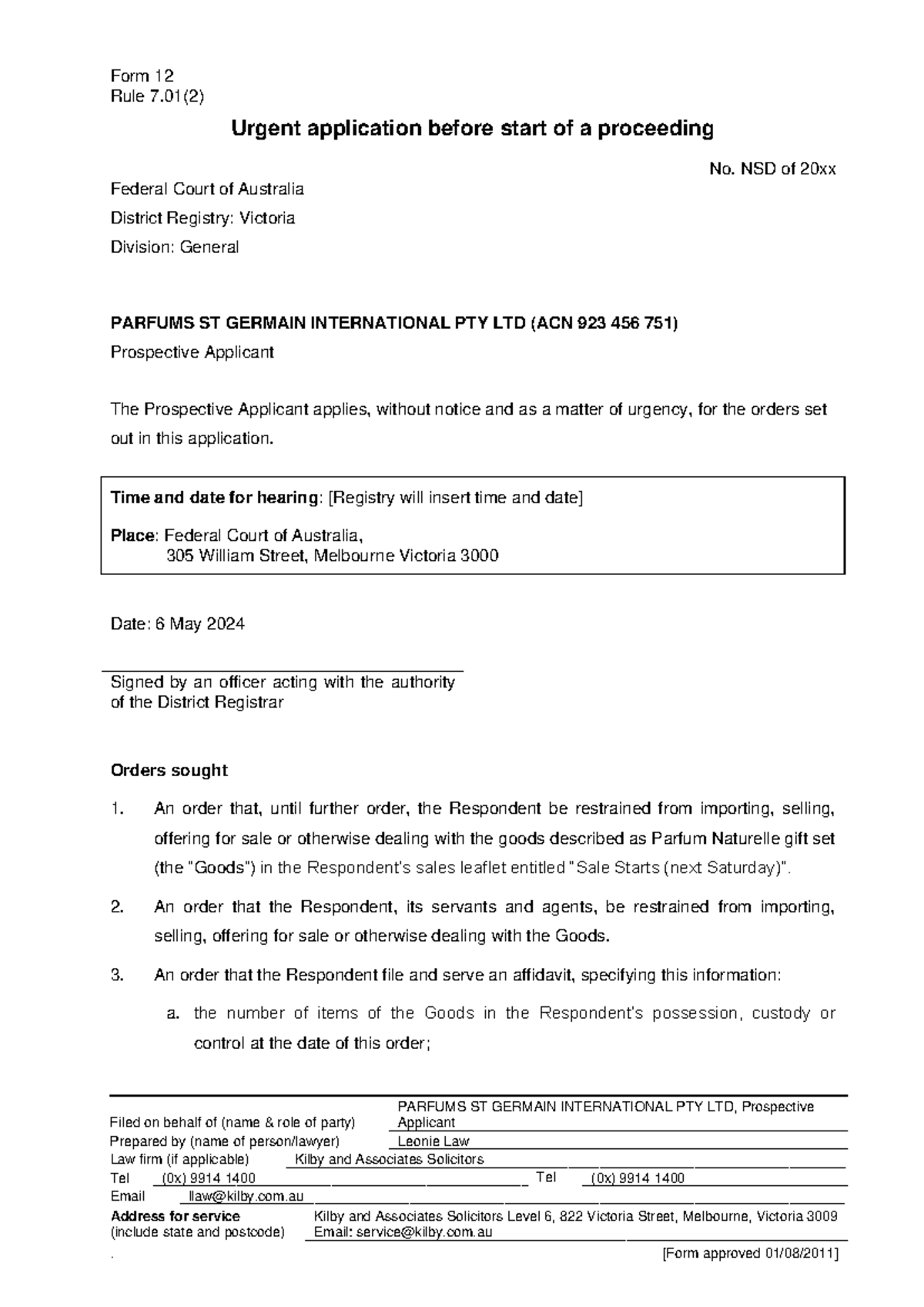 FCA Form 12 Urgent Application: Parfums St Germain Pty Ltd - Studocu