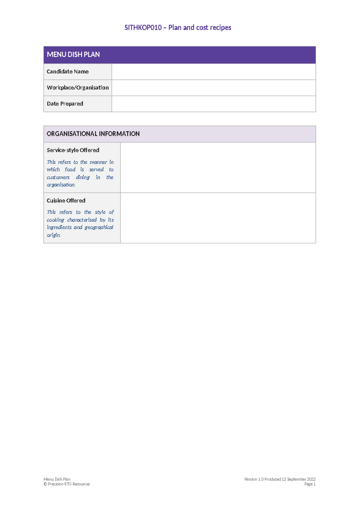 SITHKOP010 – Menu Dish Plan Template and Recipe Costing Guide - Studocu