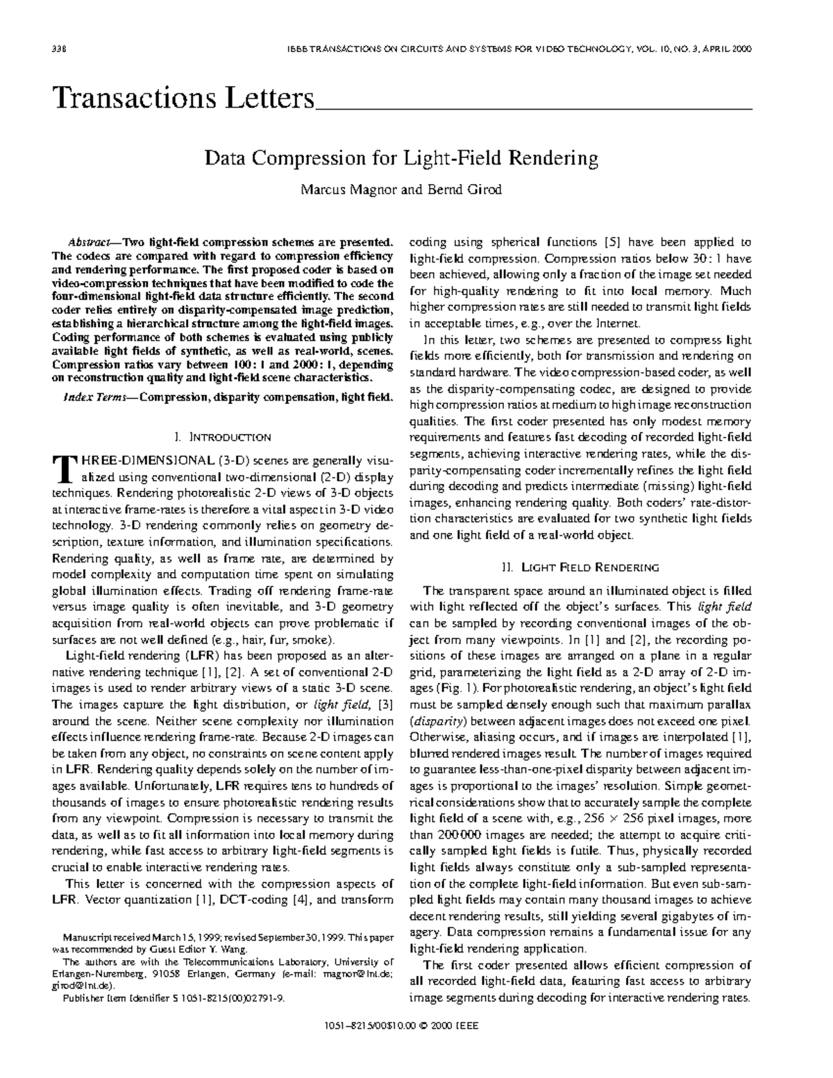 Data Compression for Light-Field Rendering - Transactions - Studocu