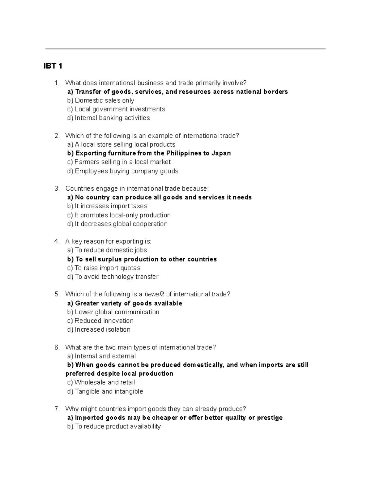 IBT 1 & 2: Key Concepts in International Business & Trade MCQs Summary ...