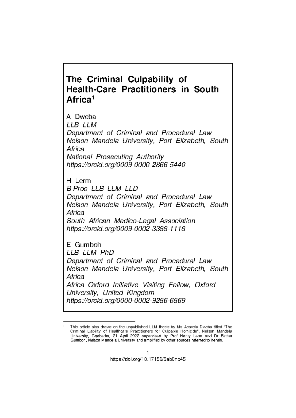 The Criminal Culpability of Healthcare Practitioners in SA: A Critical ...
