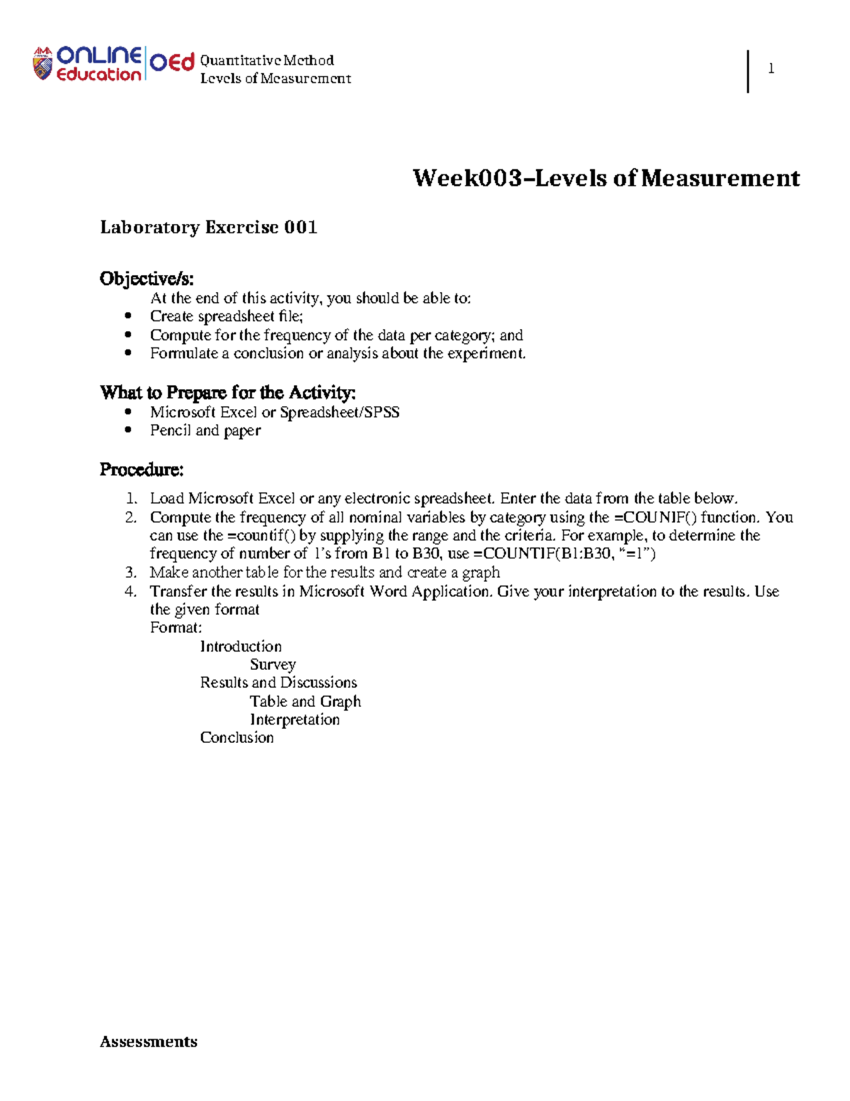 Week 003 – Lab Exercise 001: Levels of Measurement in Quantitative ...
