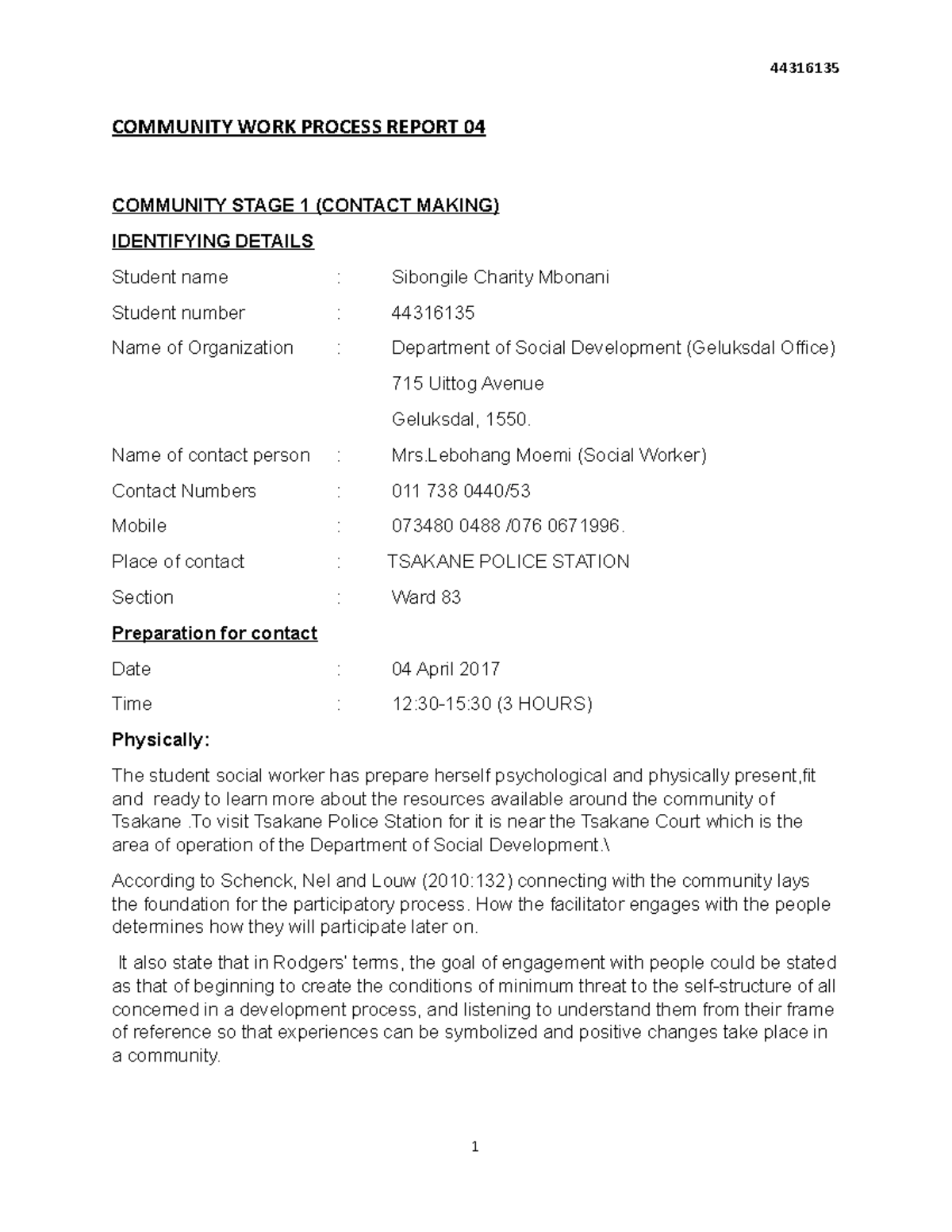 2017 Community Work Process Report: Police Station Contact Notes - Studocu