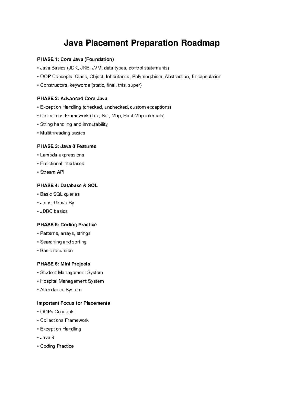 Java Placement Preparation Roadmap: Core to Advanced Concepts - Studocu