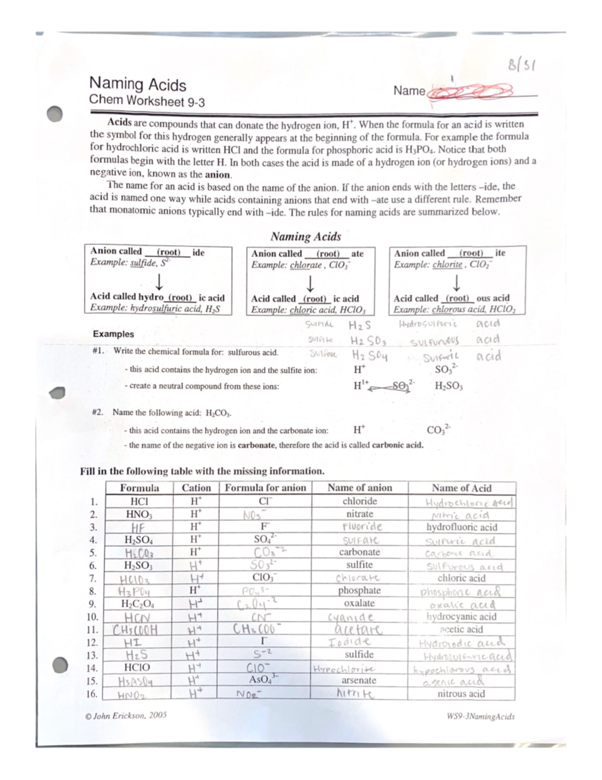 Chemistry Naming Acids Worksheet Answers