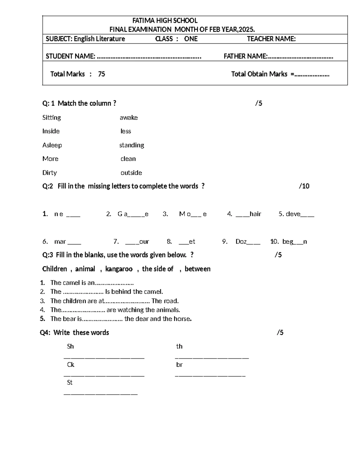 Math Class One Final Exam - February 2025 Question Paper - Studocu
