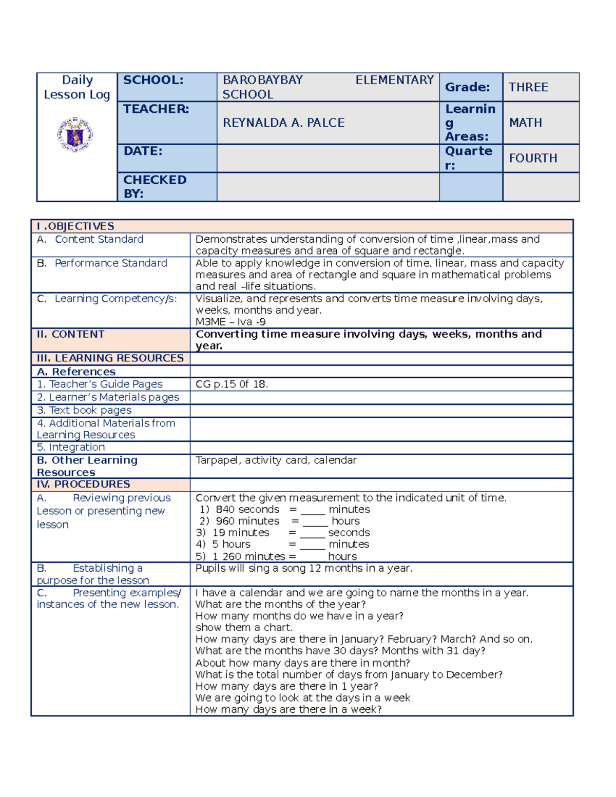 Grade 3 COT Math Q4 - none - Daily Lesson Log SCHOOL: BAROBAYBAY ...