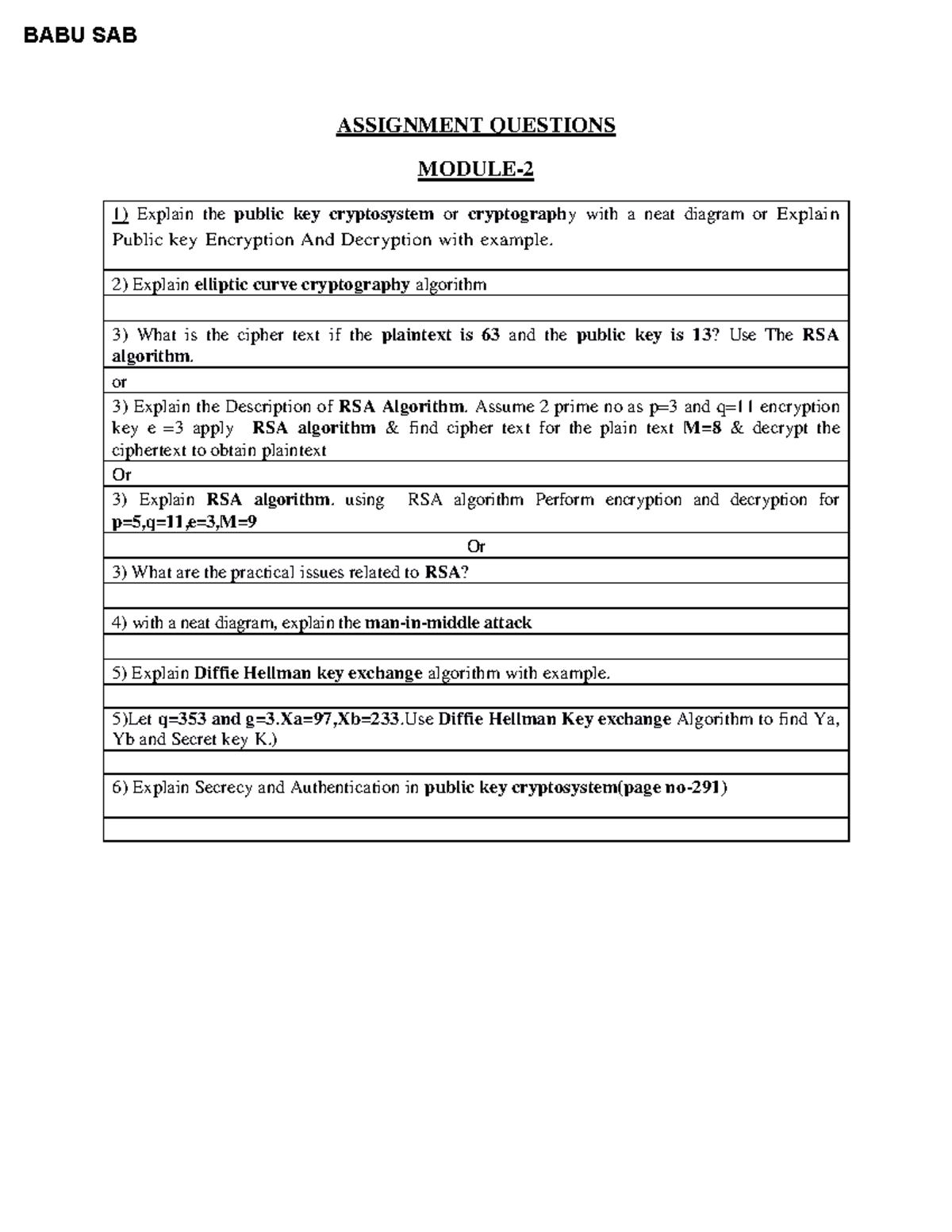 BABU SAB ASSIGNMENT QUESTIONS - MODULE 2: CRYPTOGRAPHY & RSA - Studocu