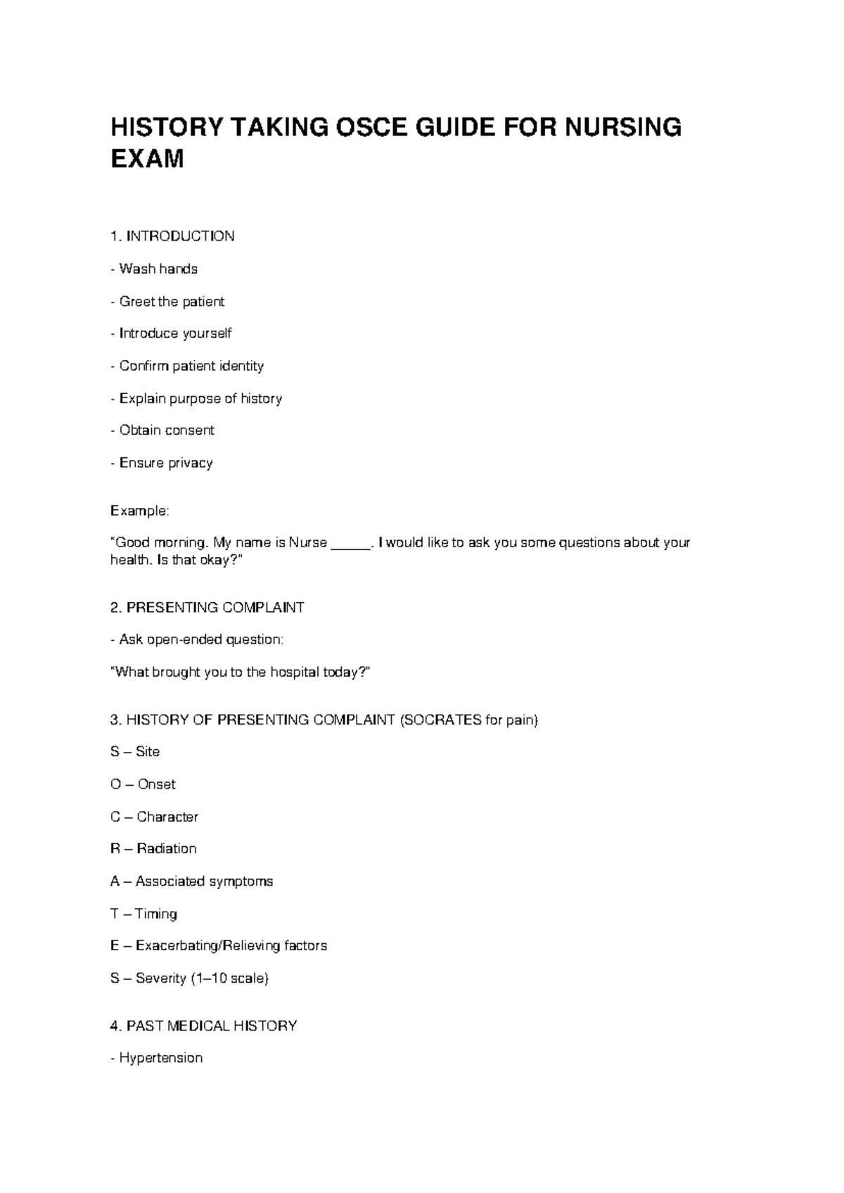 History Taking OSCE Guide for Nursing Exam - Studocu