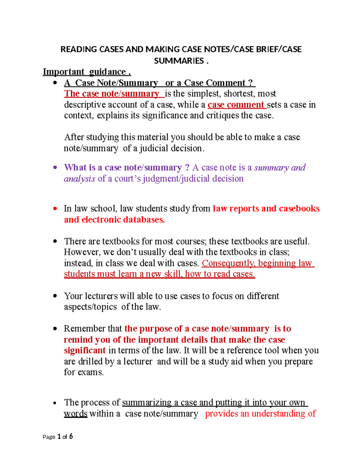 Revised Guidance Note: Reading Cases & Summarizing for Law Students ...