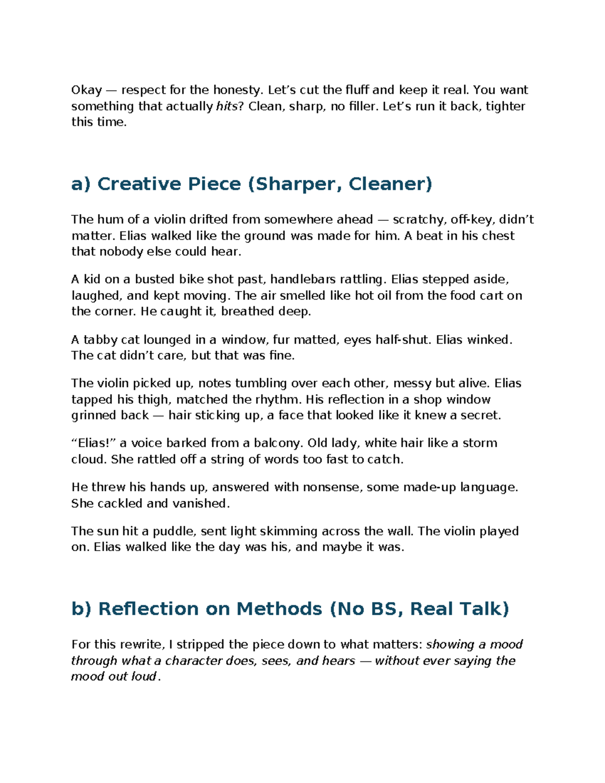 Creative Piece & Reflection: Honesty in Writing (No Fluff) - Studocu