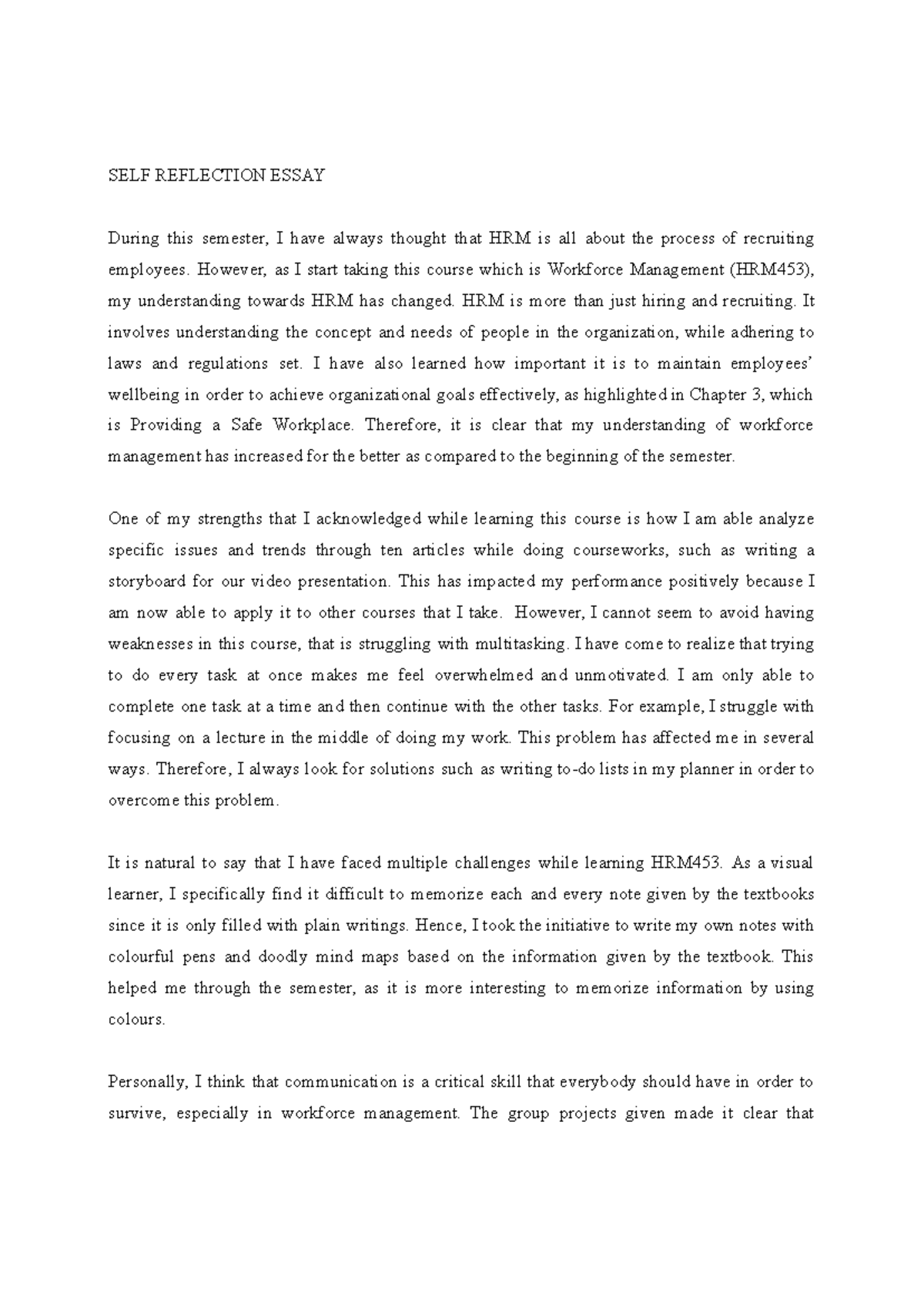 Self Reflection Essay on Workforce Management (HRM453) - Studocu