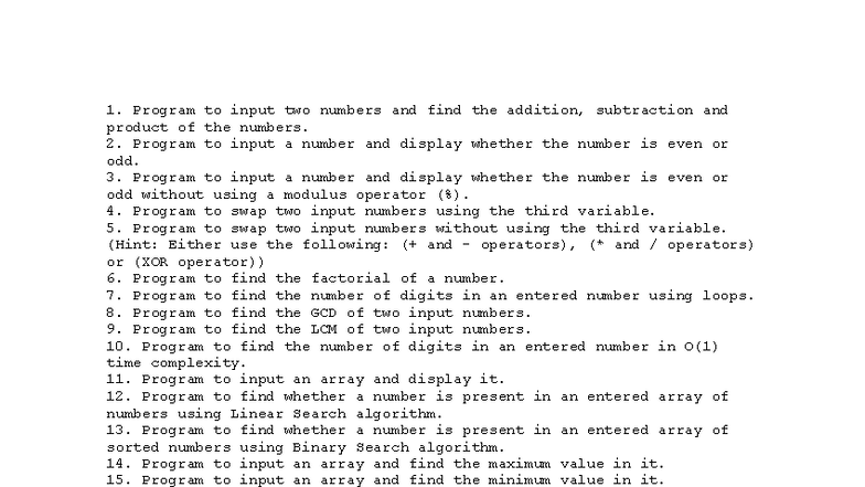 List of Programs for Linear Data Structures & Competitive Coding - Studocu