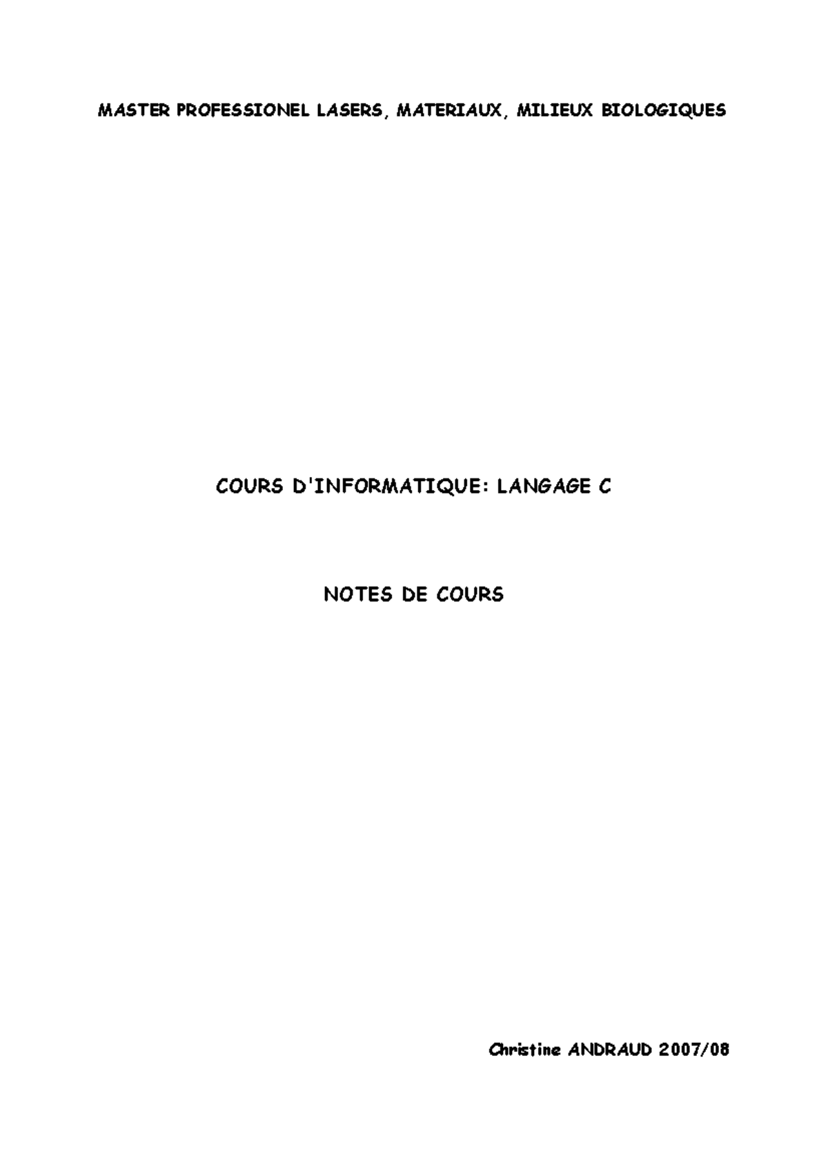 Cours d'Informatique: Notes sur le Langage C (Master Professionnel ...