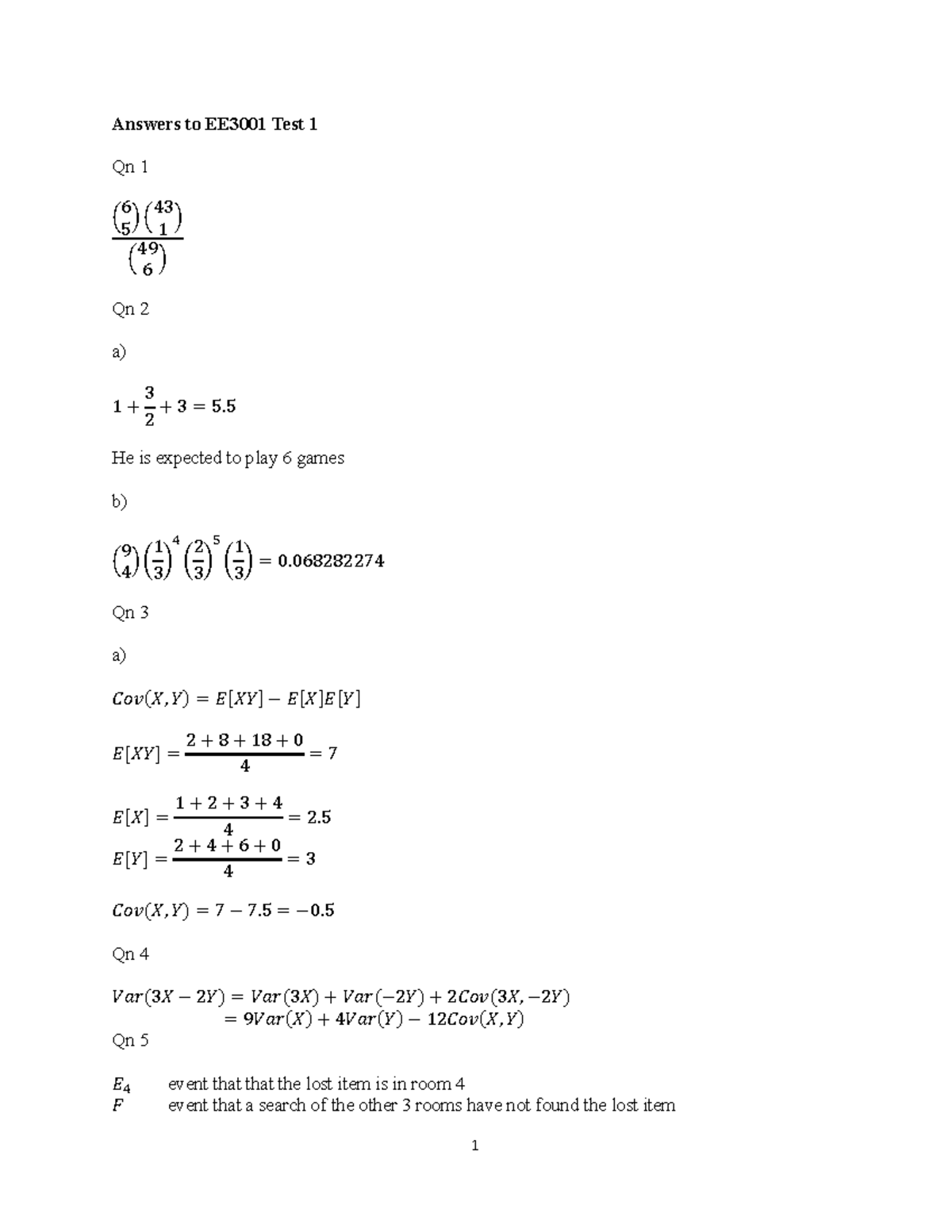 Answers to Test 1 - test 1 answer - 1 Answers to EE3001 Test 1 Qn 1 ( 6 ...