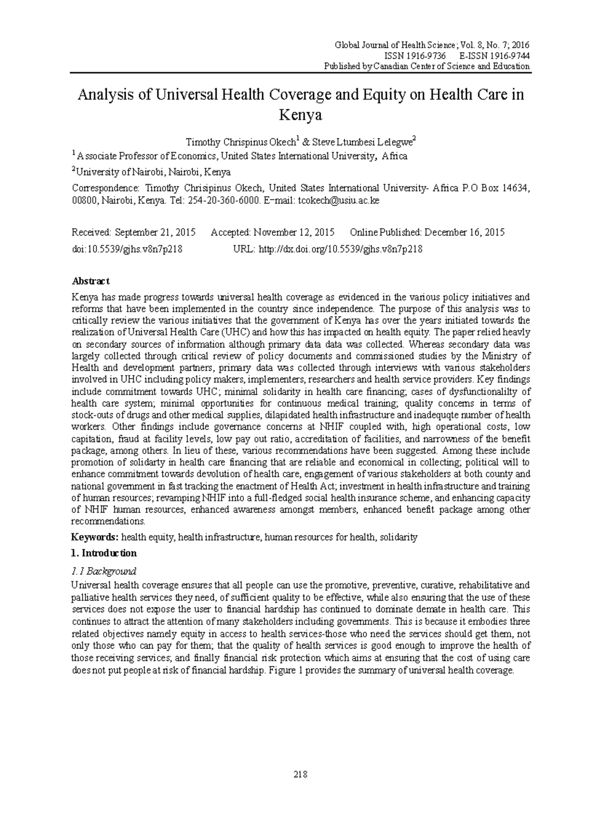 Analysis of Universal Health Coverage and Health Equity in Kenya (GH ...