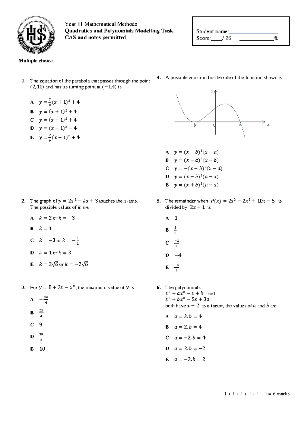 Modelling Task: Year 11 Mathematical Methods - Quadratics & Polynomials ...