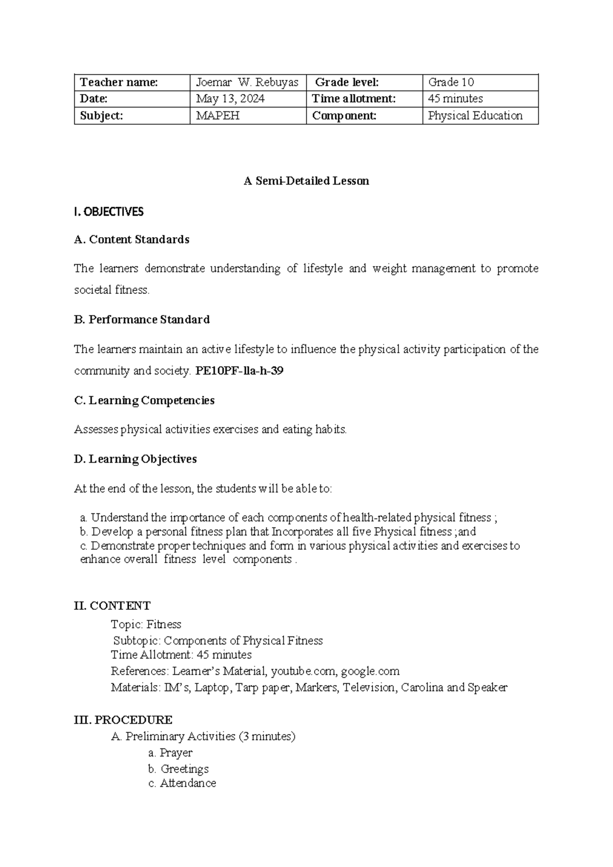 Joemar W. Rebuyas MAPEH Grade 10 Lesson Plan on Physical Fitness ...