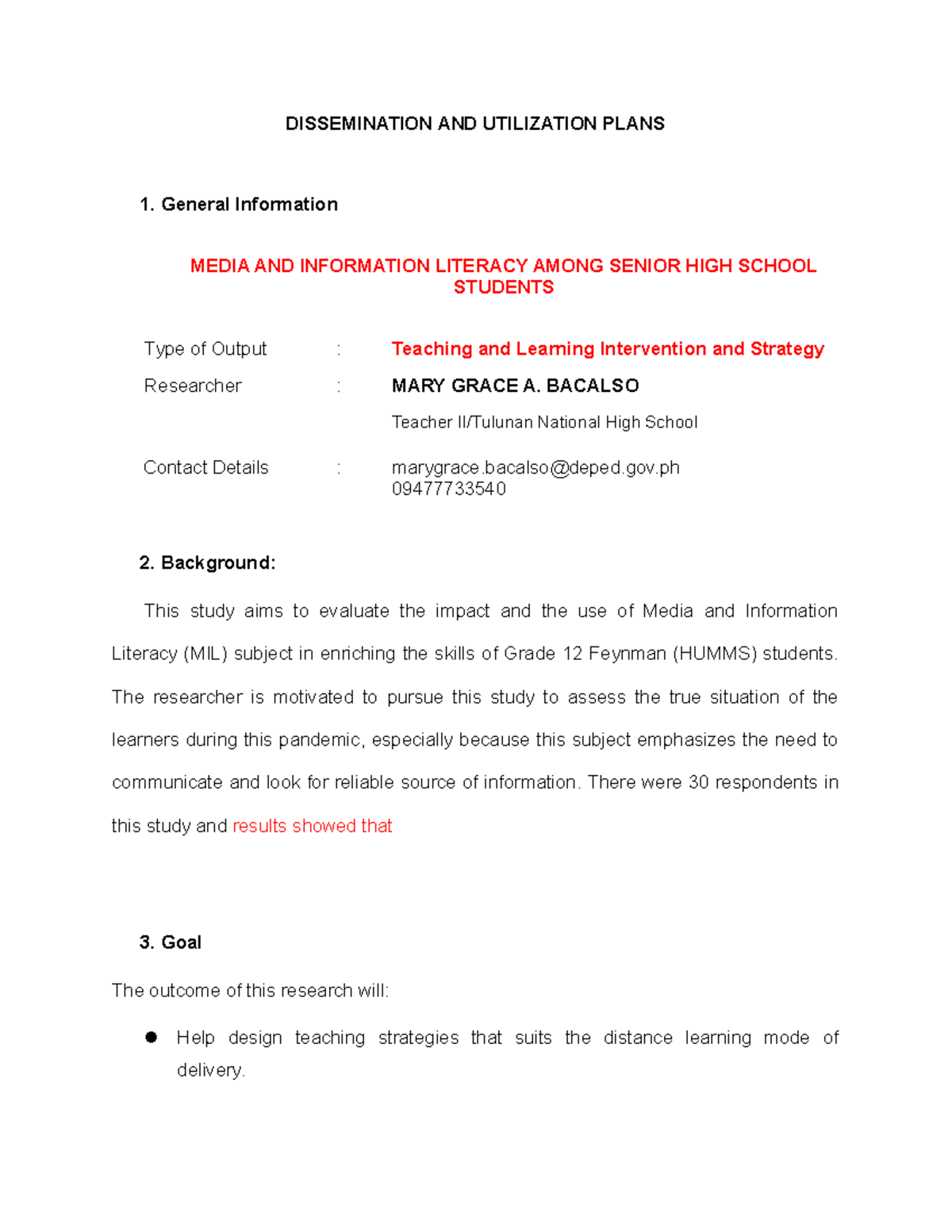 Dissemination and Utilization Plans for MIL Among SHS Students - Studocu