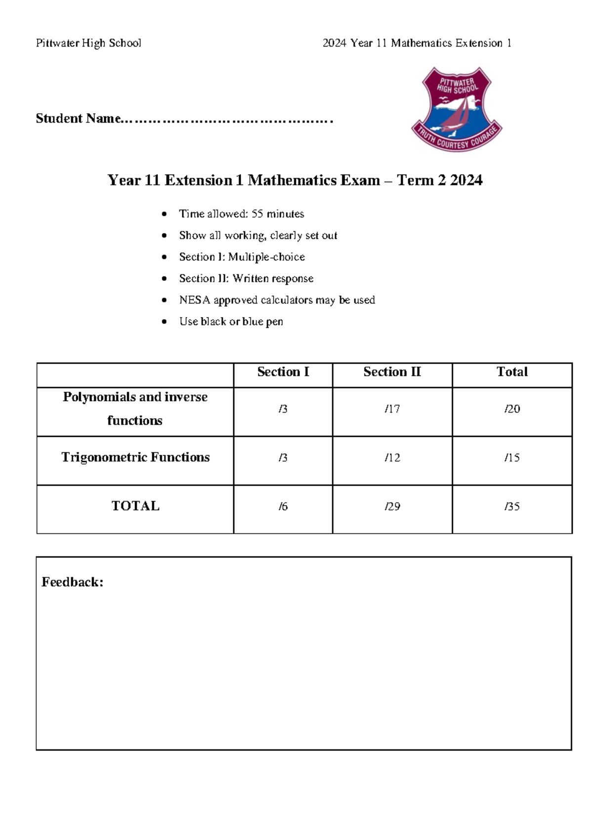 2024 Y11 Mathematics Extension 1 Exam Term 2 - Task 2 - Studocu