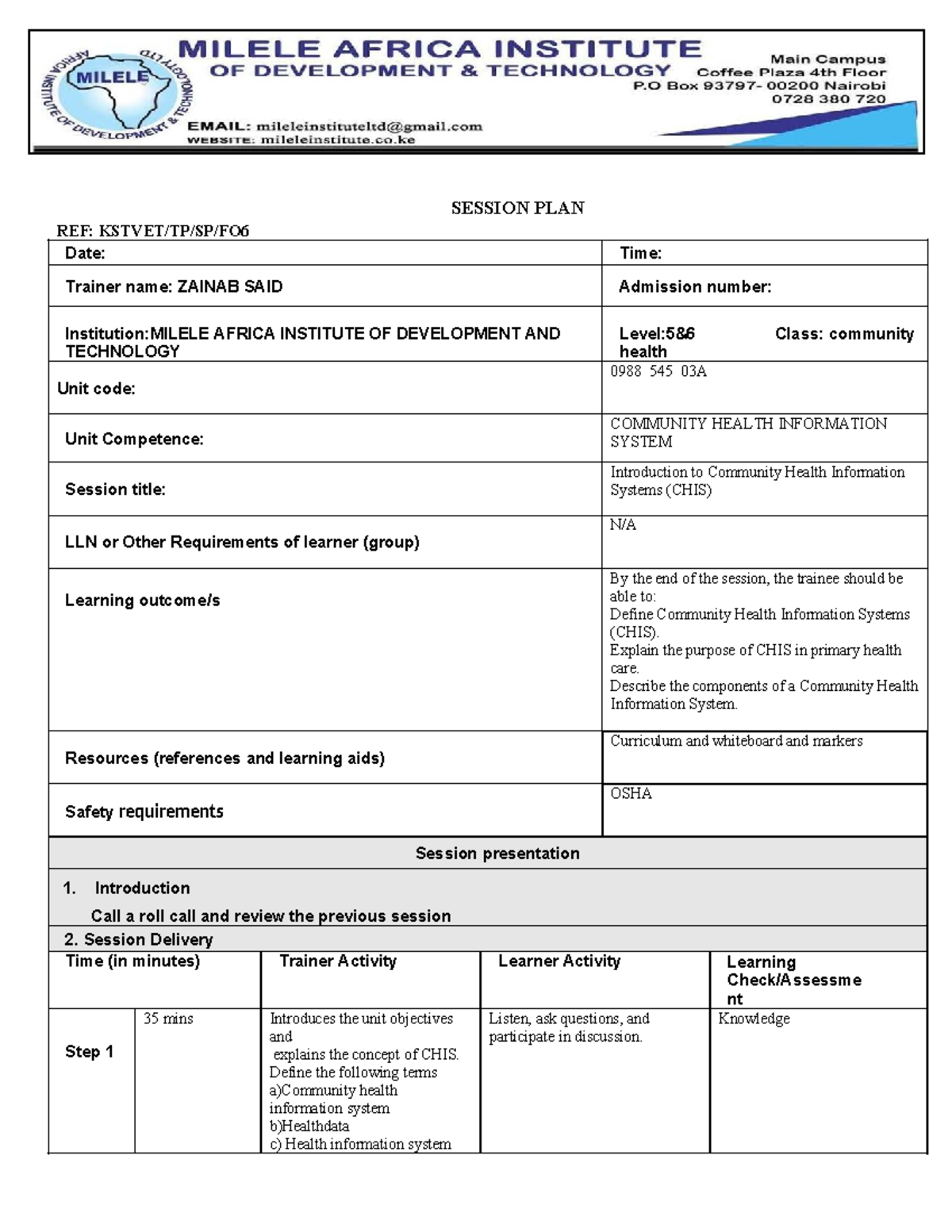 SESSION PLAN: Introduction to Community Health Information Systems ...