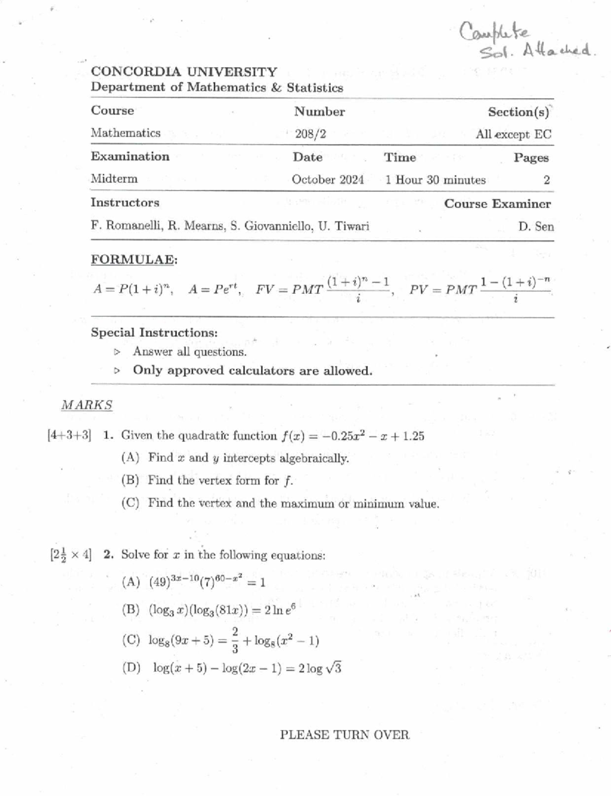 MATH 208 Midterm Exam Solutions - October 2024 - Studocu