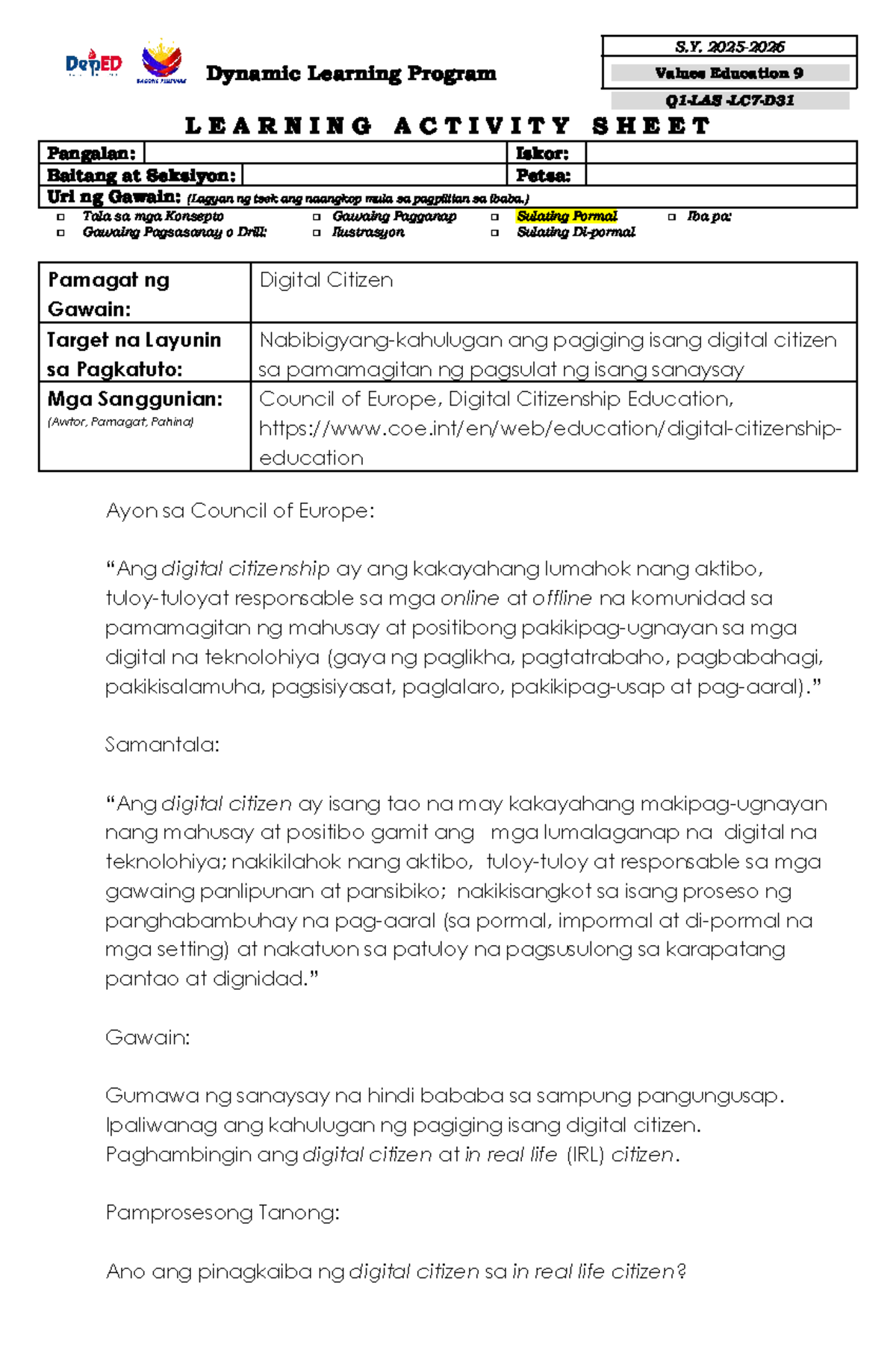 Digital Citizenship Learning Activity Sheet S.Y. Values Ed 9 - Studocu