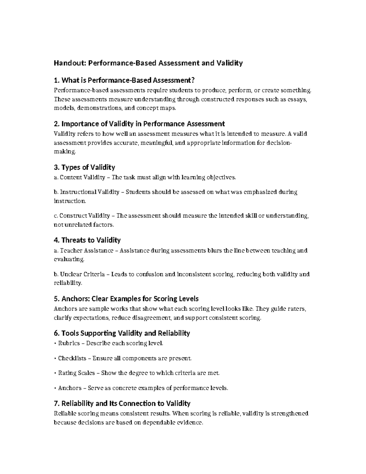 Handout: Performance-Based Assessment & Validity Insights - Studocu